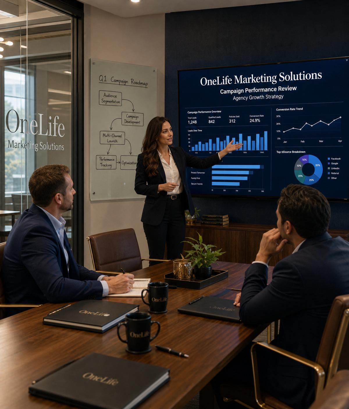 OneLife Marketing Solutions leadership team reviewing campaign performance and agency growth strategy on a large display