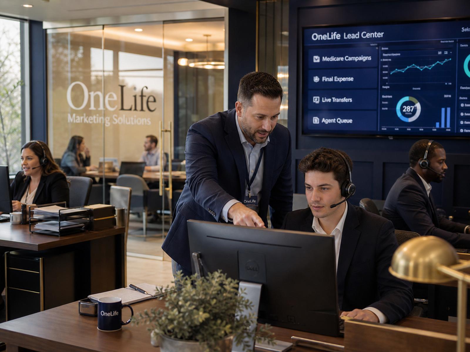 OneLife Marketing Solutions headquarters — licensed insurance agents on live calls with a team leader coaching a producer, glass meeting room and Lead Center dashboard visible